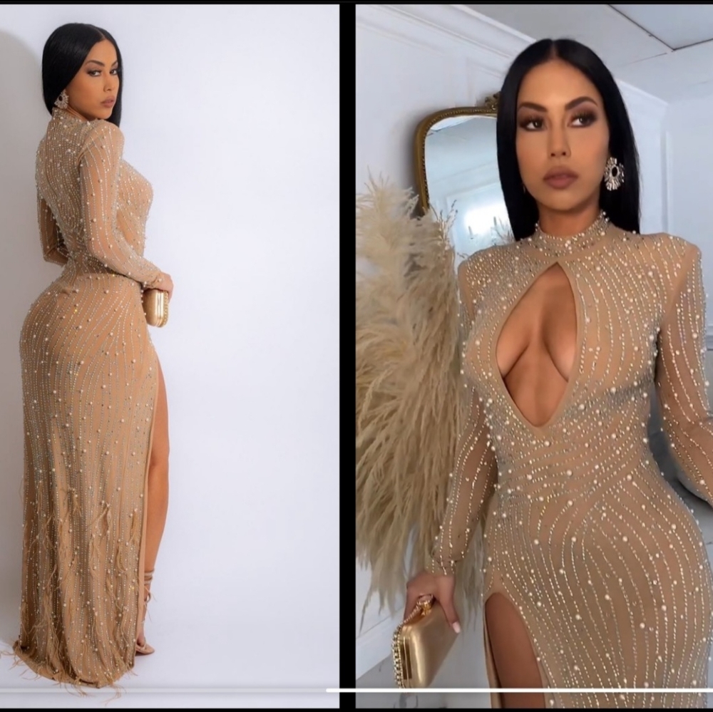 Brand new formal sexy nude dress with pearls stones and high split
